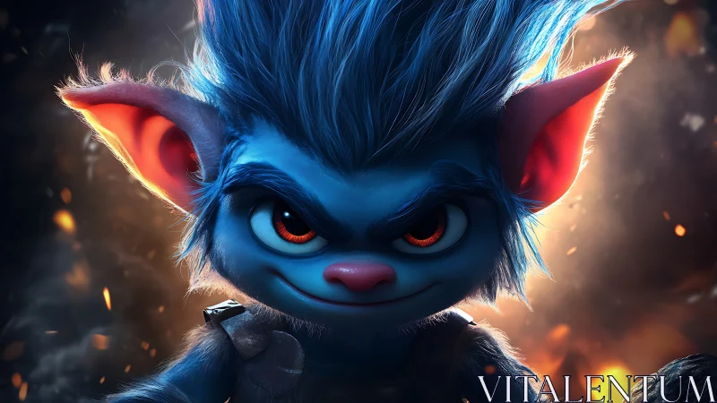 Pyro-lit blue goblin with emissive eyes in cinematic focus.
