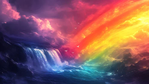 Prismatic ocean waterfall under radiant storm-split sky.