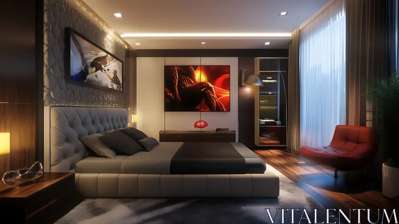 Modern luxury bedroom showcases warm lighting and bold art