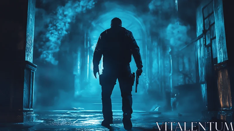 Midnight gunslinger stalks through neon-blue haunted corridor