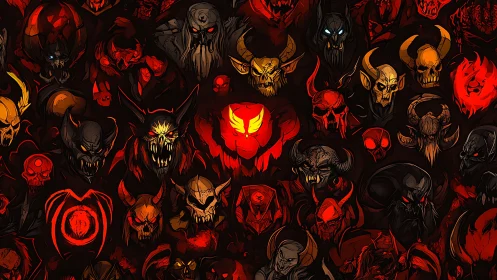Infernal demon skull collage glows over dense crimson void