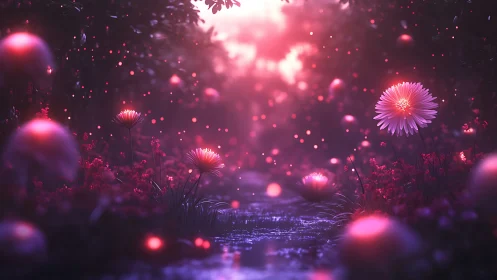 Glowing pink flowers line a reflective stream at sunset