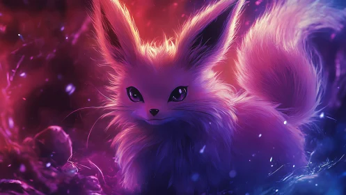 Neon fox spirit in glowing pink and blue fantasy forest.