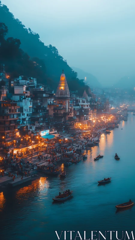 Riverside Indian ghat at dusk rendered in cinematic photorealism