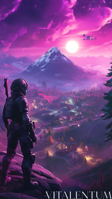 Armored figure surveys illuminated valley beneath pink sky