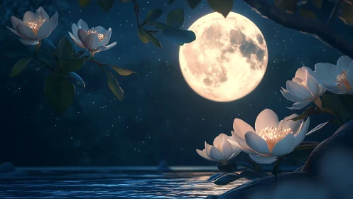 Luminous full moon over reflective river with glowing lilies.