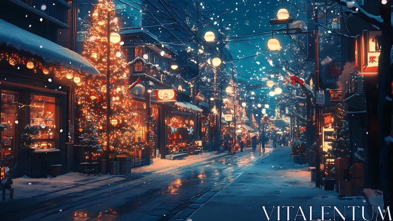 Snow-covered urban street shows dense seasonal lighting display
