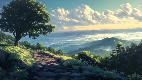 Stone path above valley under soft sunrise clouds.