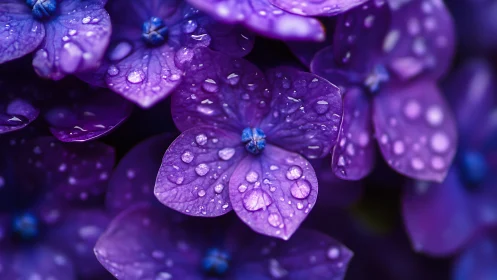 Dewdrop-Covered Purple Flowers in Soft Focus.