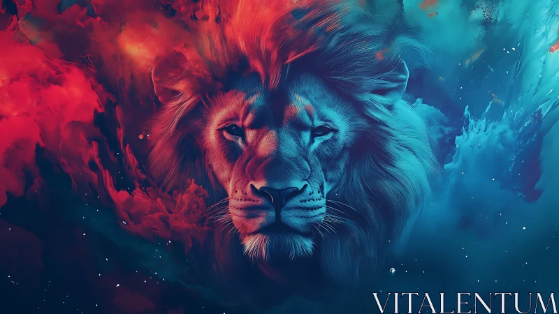 Celestial lion gazes calmly through swirling cosmic colors