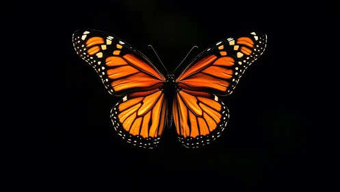 Monarch butterfly glowing like quiet fire against night.