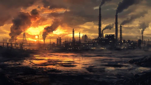 Industrial refinery skyline under toxic sunset haze.