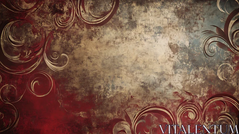 Baroque floral scrolls curl over distressed vintage canvas.