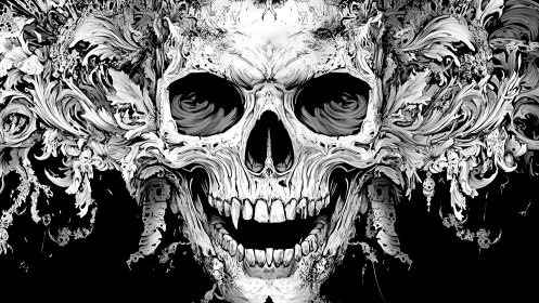 Baroque skull illustration merges ornate filigree with macabre anatomy