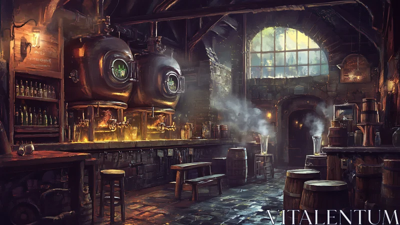 Industrial fantasy brewhouse interior in rich digital painting.