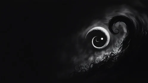 Monochrome crescent spiral forms emerge from dark void space