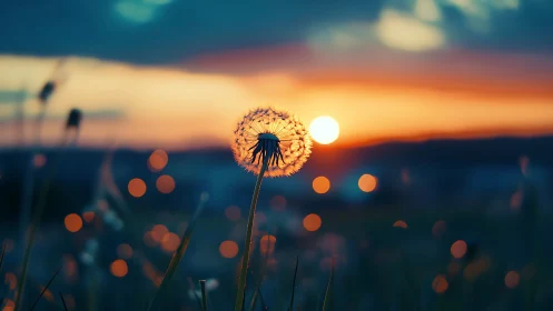 Photorealistic dandelion silhouette against sunset bokeh field.