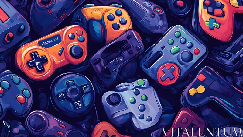 Digital painting of retro game controllers in dense chromatic array