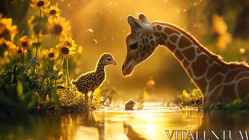 Sunlit giraffe and hybrid chick at golden forest pond.