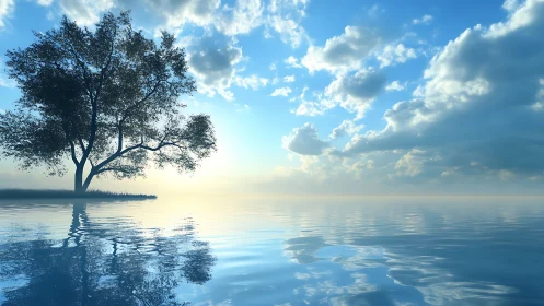 Solitary lakeside tree reflects across calm sunrise water