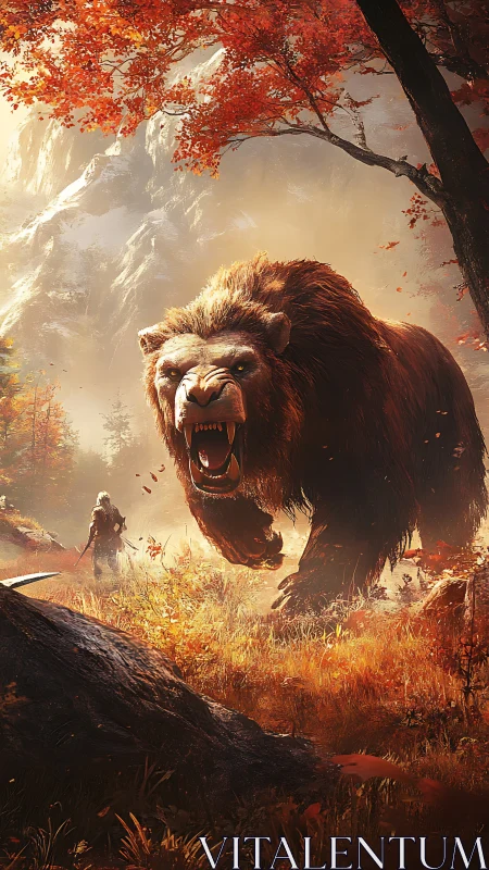 Roaring mountain behemoth stalking a lone autumn warrior.