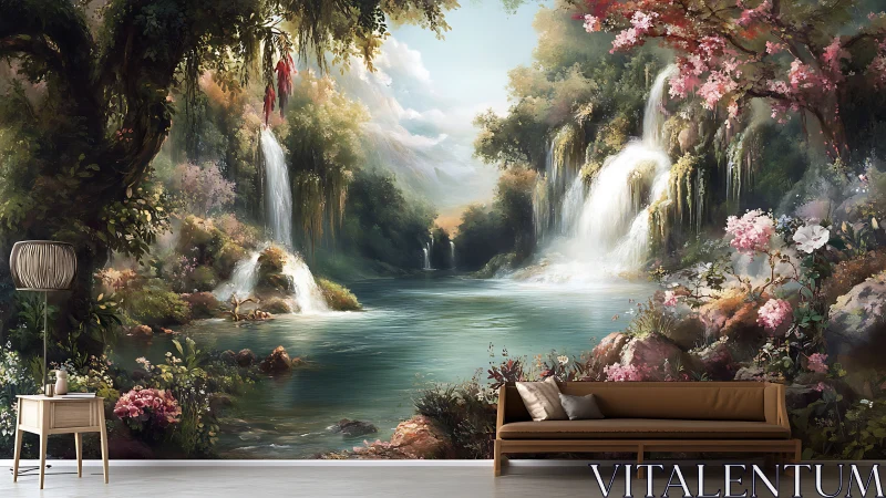 Interior mural with hyper-detailed cascading waterfalls panorama.