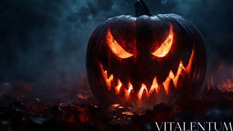 Carved jack o lantern with sharp grin in smoky darkness.