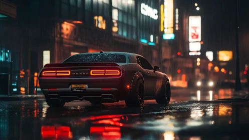 Rear view of modern muscle car on wet neon city street.