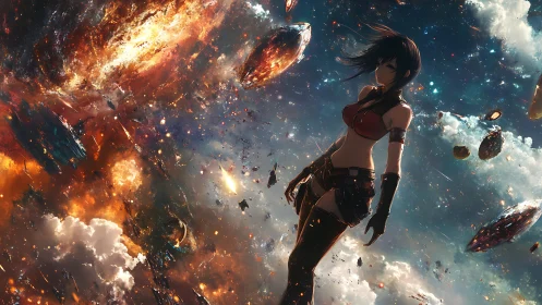 Starlit warrior calmly surveys a swirling cosmic battlefield