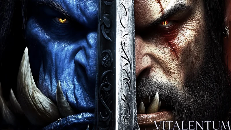 Orc and human warrior divided by ornate sword blade.