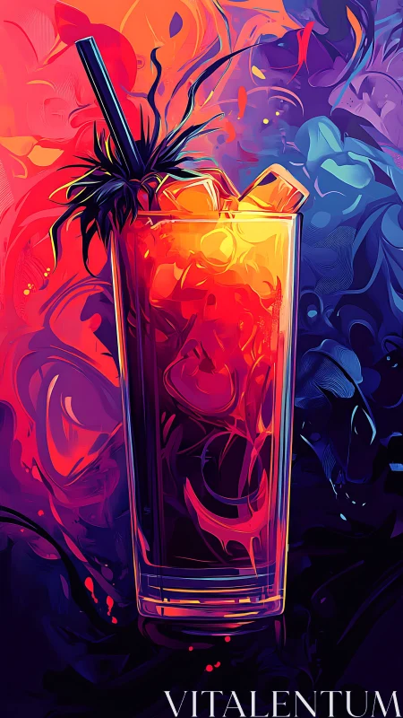 Neon Cocktail with Tropical Flower and Gradient Abstract Background