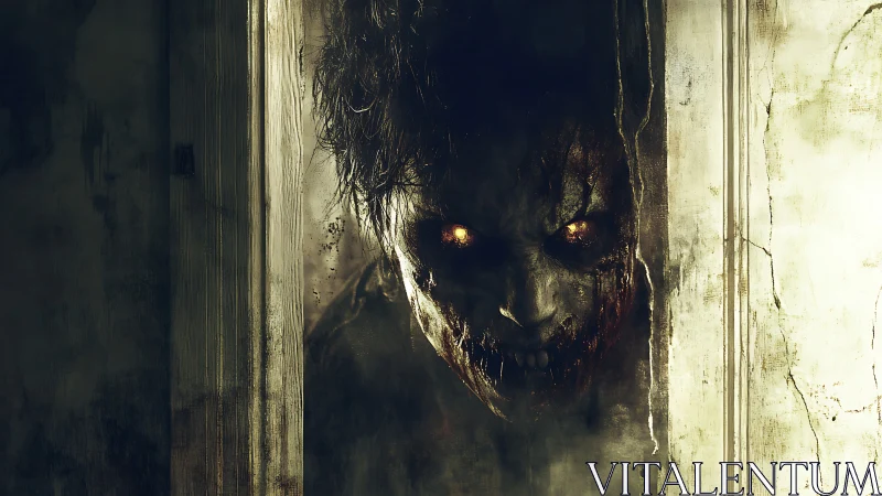 Decayed humanoid face with glowing eyes in narrow doorway.