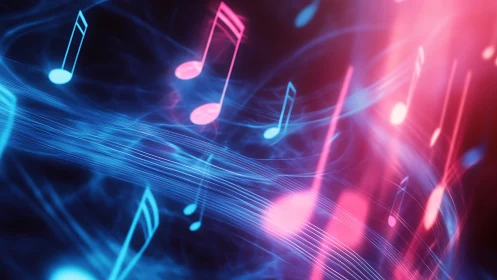 Neon music notes swirling through luminous sound waves.