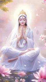 Divine serene goddess in white meditative lotus pose.