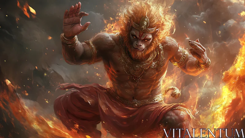 Fiery monkey warrior strides through flames with bold spirit.
