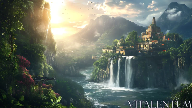 Cliffside river valley with tiered fortress settlement.