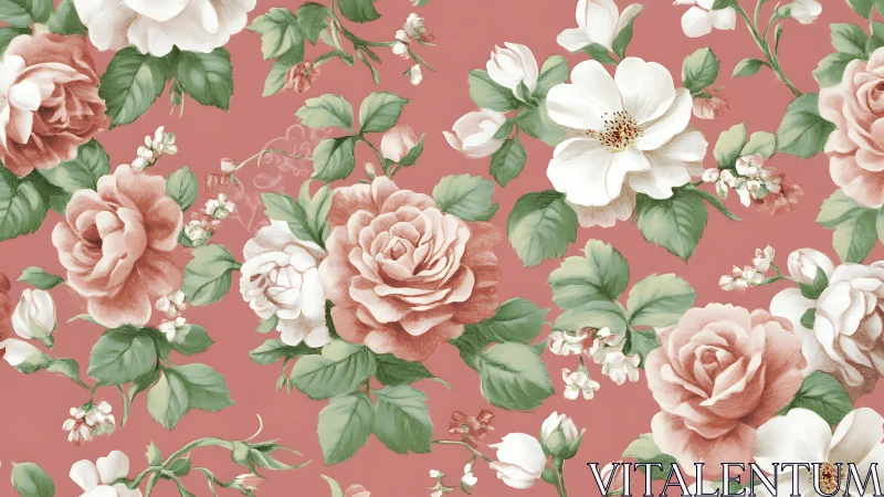 Vintage floral pattern with roses on muted pink background.