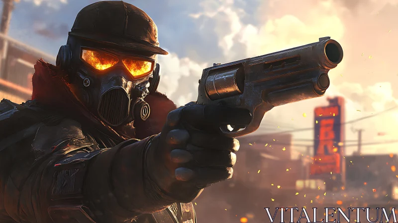 Armored gunman aims revolver through glowing gas mask