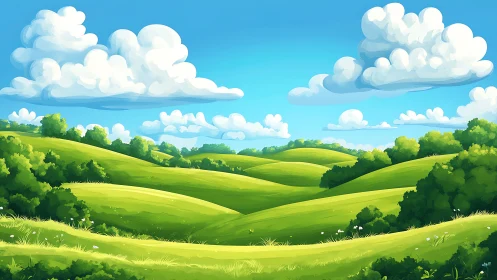Sunny rolling hills under soft clouds and bright blue sky.