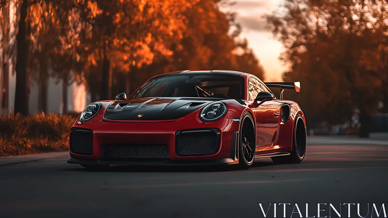 Red performance car glowing against soft autumn sunset streets.