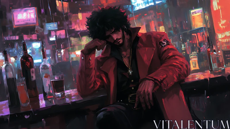 Brooding drifter in neon bar drowns his thoughts in silence.
