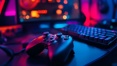Neon game night glow with controller and cozy desktop setup.