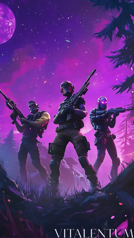 Trio of futuristic soldiers under vivid purple night sky.