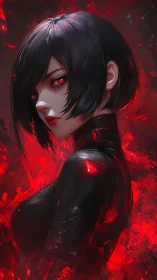 Cyber-noir vampiric portrait renders crimson-laced intensity