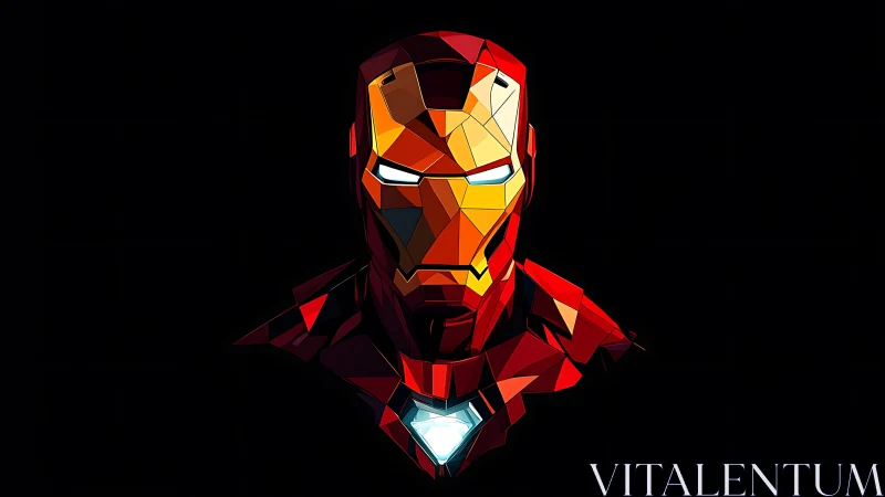 Geometric armored hero glows against stark black void