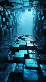 Submerged crystalline cube corridor with volumetric blue light.