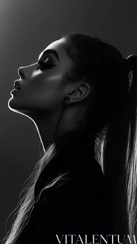 Side-profile monochrome portrait in dramatic rim lighting.