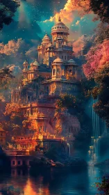 Sunlit tiered citadel rising over misty enchanted waters.