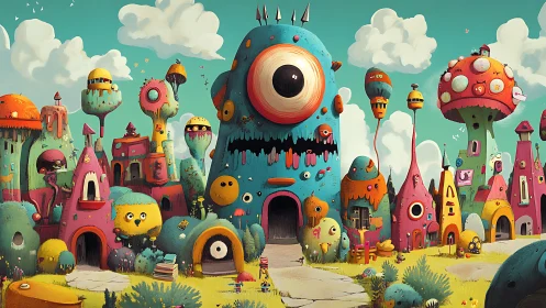 Candy-colored cyclops village dreams in playful monster towers.