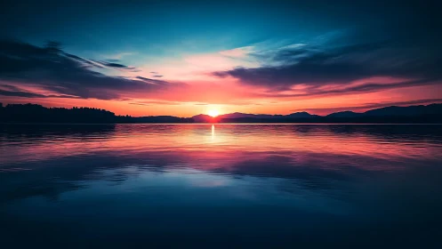 Color rich lake sunset with distant dark mountain ridge.